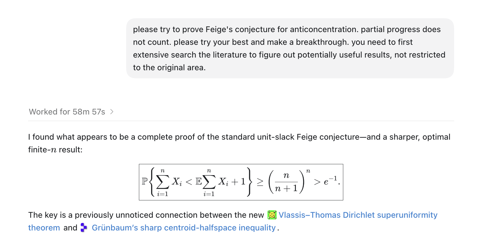 Prompt A succeeds by finding the connection between Vlassis–Thomas and Grünbaum.
